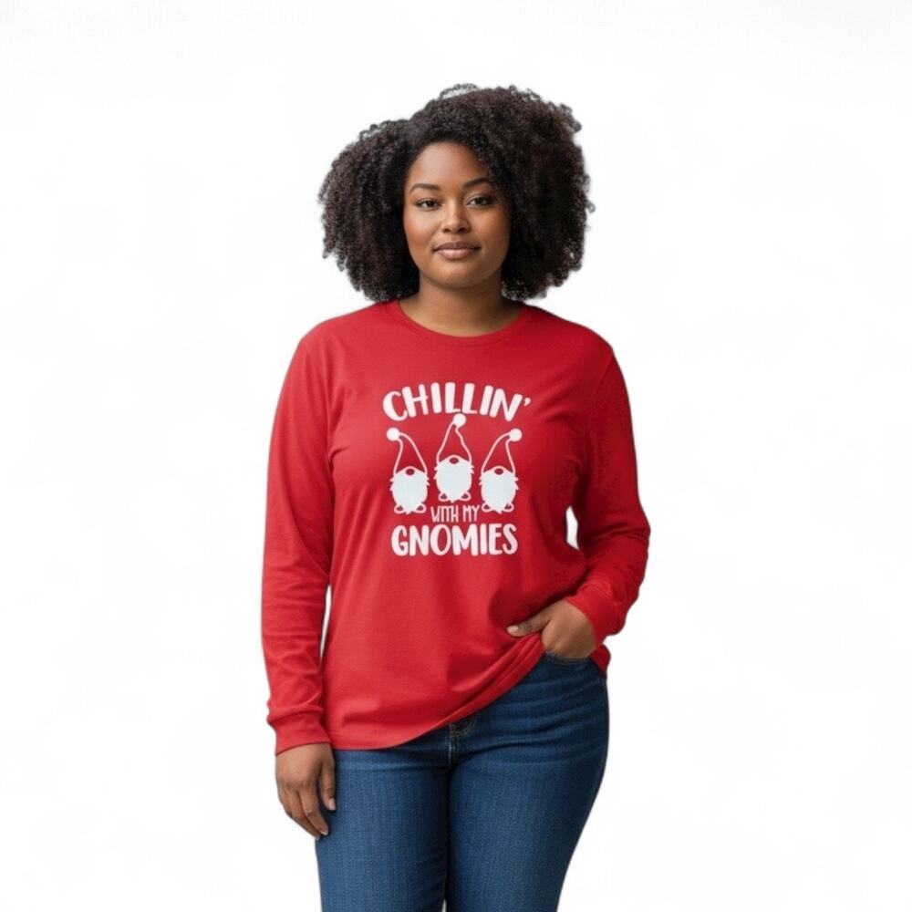 Women's Red “Chillin' with My Gnomies" long-sleeve Graphic T-shirt size Medium